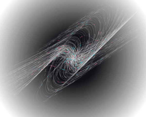 Perlin noise flow field with particle trails creating organic movement